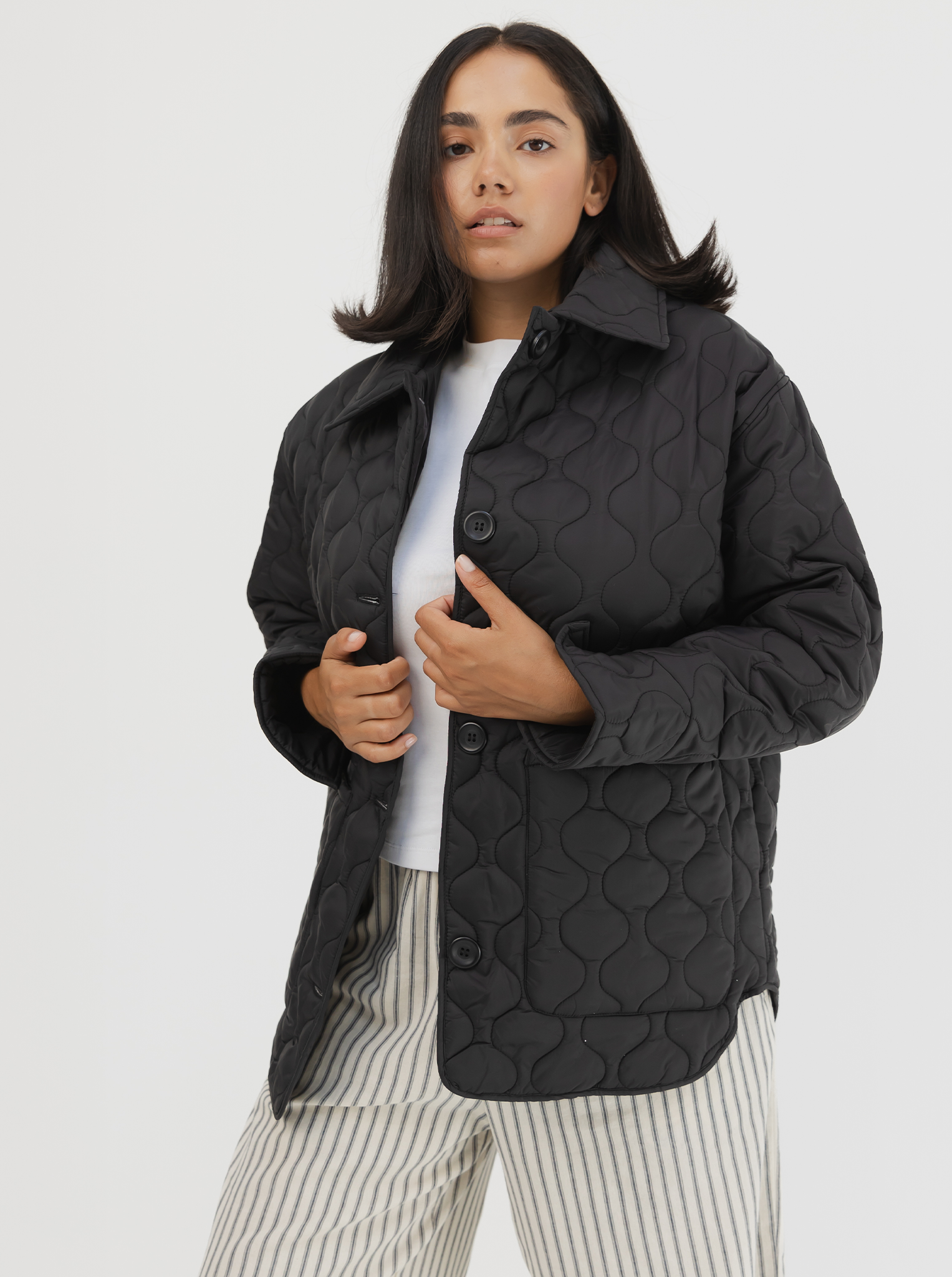 Collared Quilted Jacket in Black
