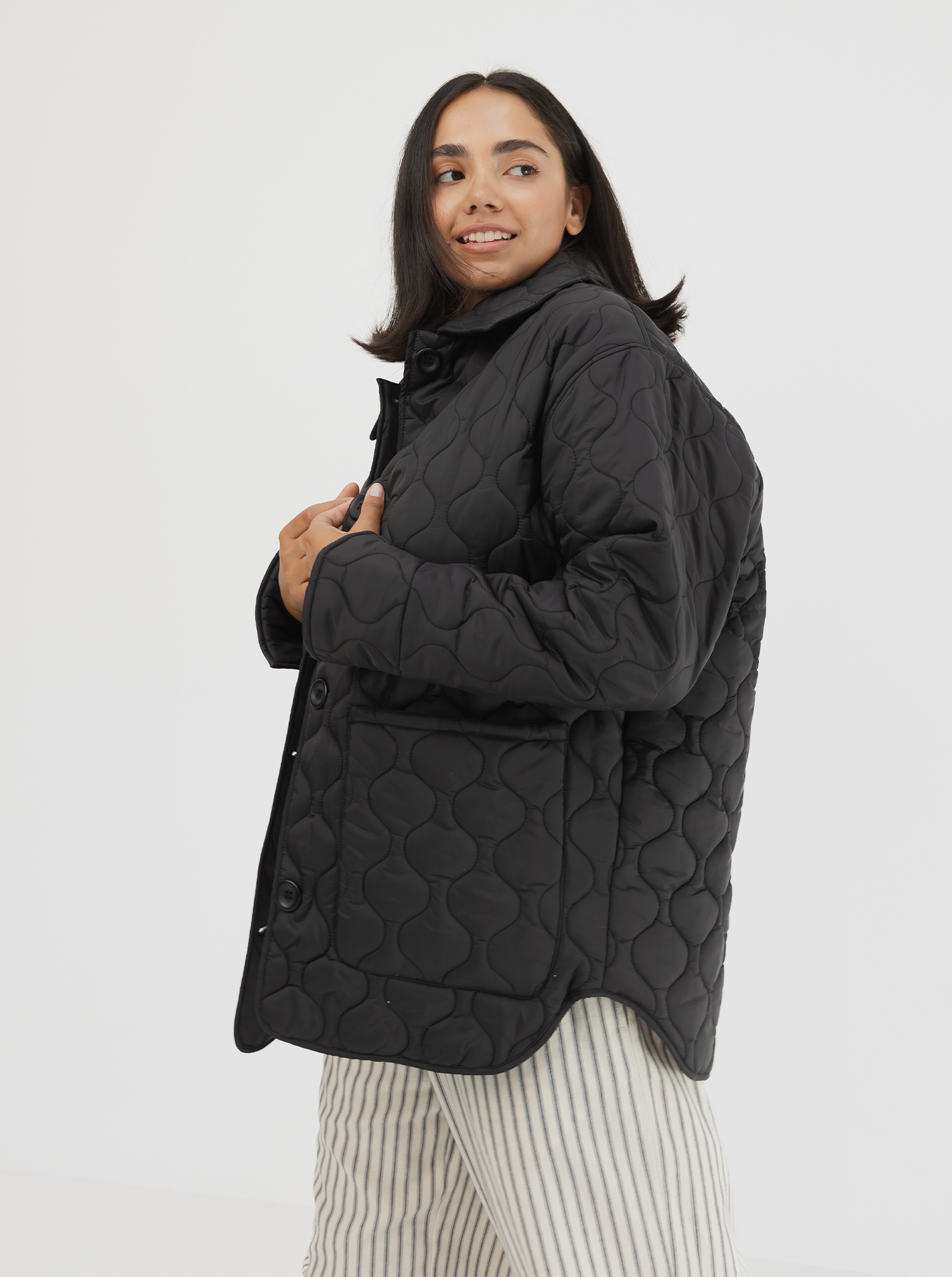 Collared Quilted Jacket in Black