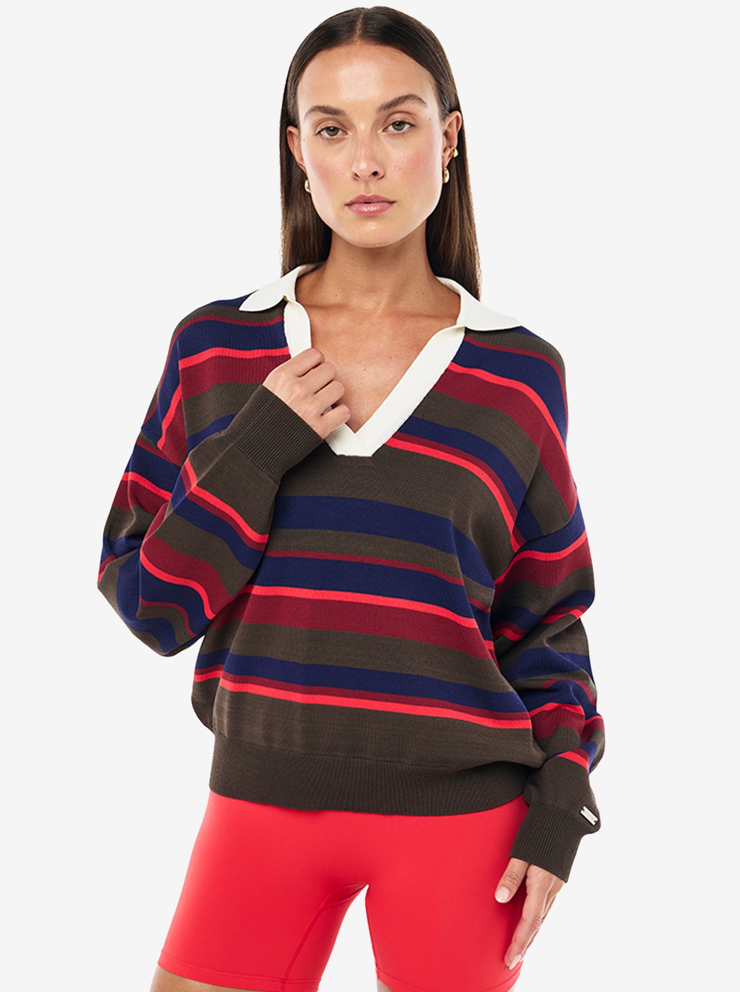 Retreat Stripe Collar Knit in Major Brown & Strawberry Stripe