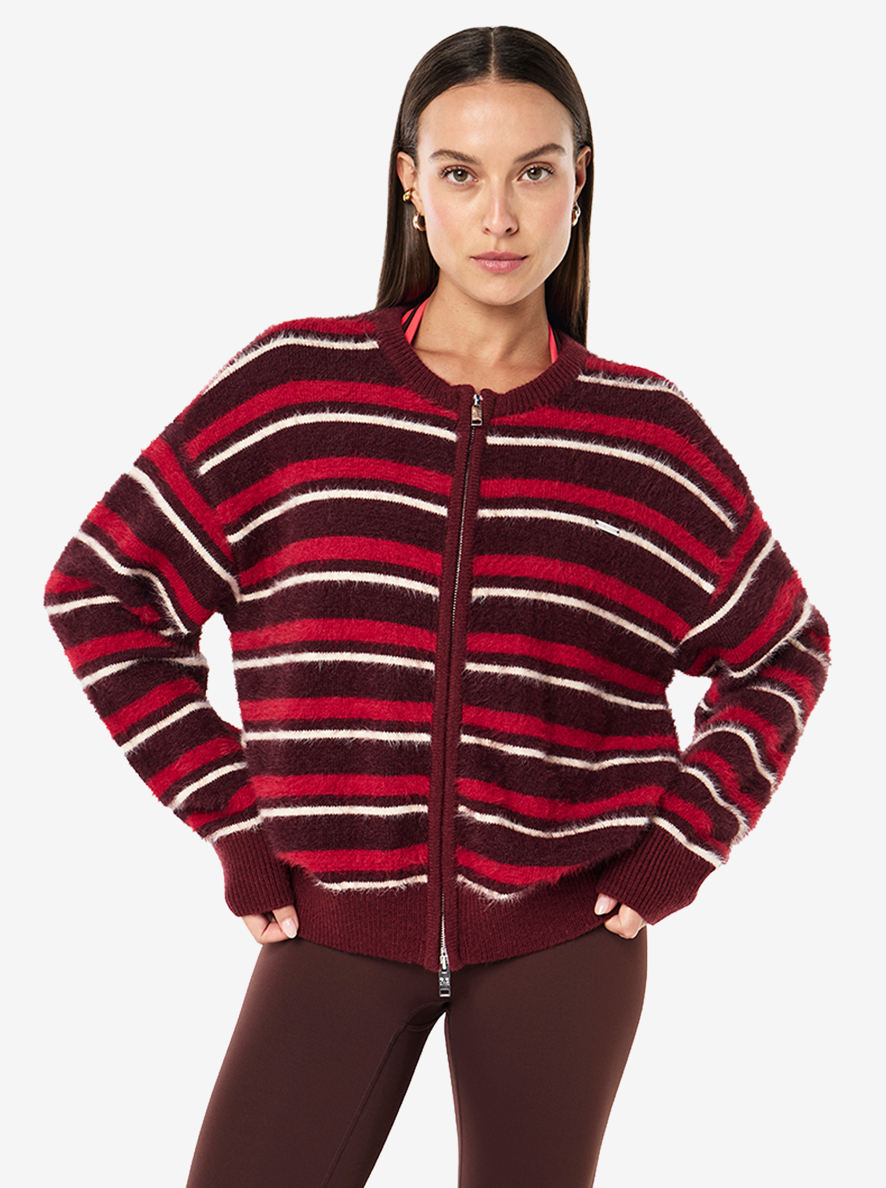 Sable Stripe Knit Bomber in Mahogany Stripe